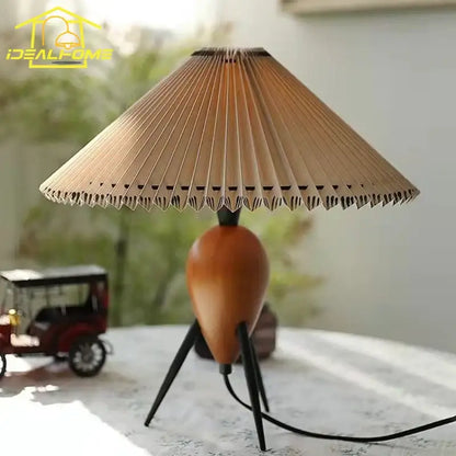 Bauhaus pleated wood table lamp bedroom tripod desk light