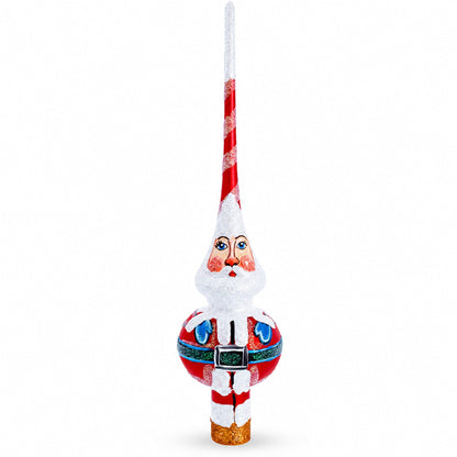 Santa in Red & White Suit Glass Christmas Tree Topper 11 Inches