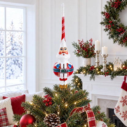 Santa in Red & White Suit Glass Christmas Tree Topper 11 Inches