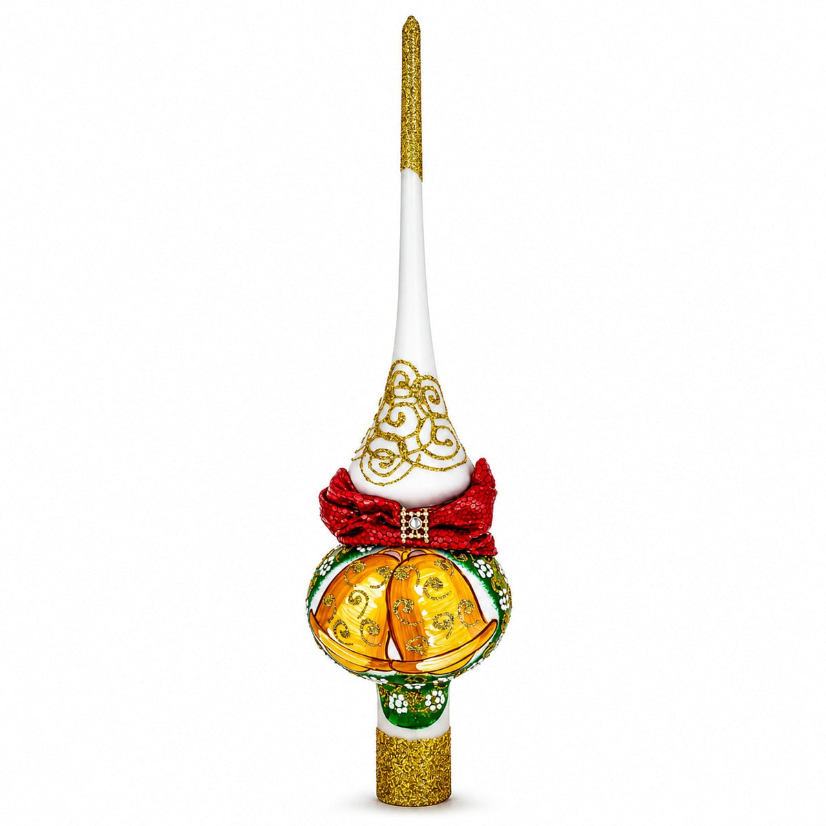 Bow and Bells on White Glass Christmas Tree Topper 11 Inches