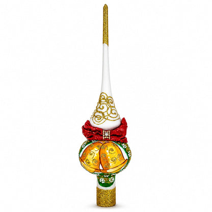 Bow and Bells on White Glass Christmas Tree Topper 11 Inches