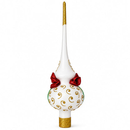 Bow and Bells on White Glass Christmas Tree Topper 11 Inches