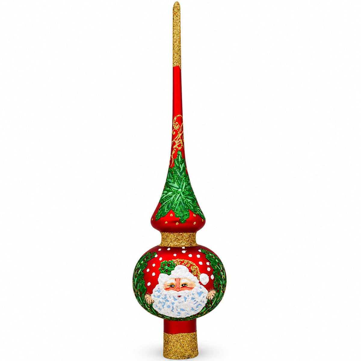 Santa Face & Green Holly Red & Gold Glitter Glass Christmas Tree Topper 11 Inches