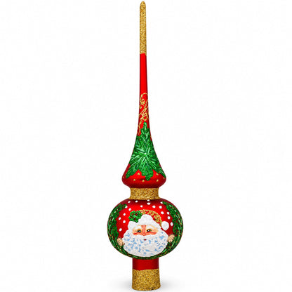 Santa Face & Green Holly Red & Gold Glitter Glass Christmas Tree Topper 11 Inches