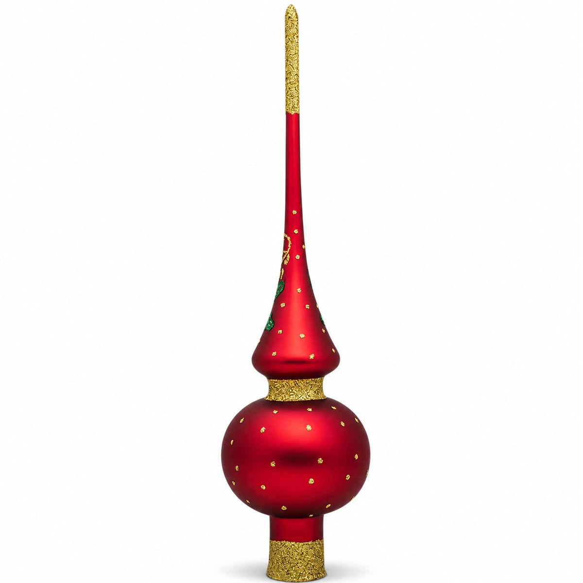 Santa Face & Green Holly Red & Gold Glitter Glass Christmas Tree Topper 11 Inches