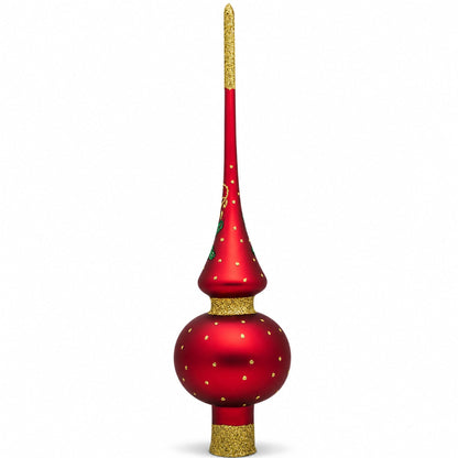 Santa Face & Green Holly Red & Gold Glitter Glass Christmas Tree Topper 11 Inches