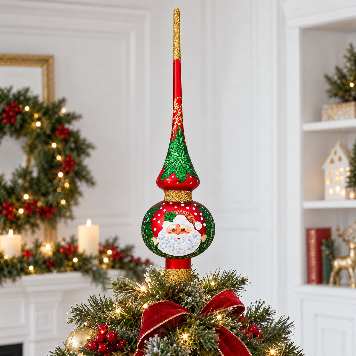 Santa Face & Green Holly Red & Gold Glitter Glass Christmas Tree Topper 11 Inches