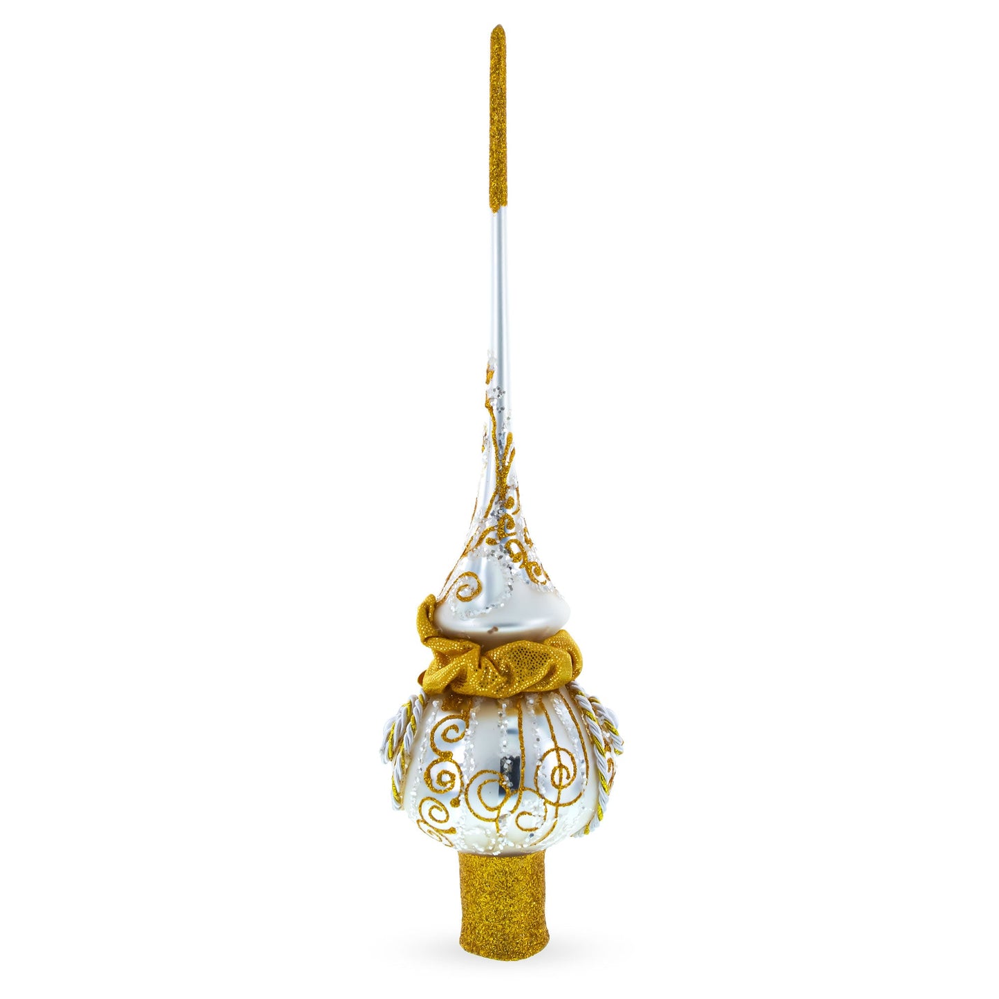 Golden Twisted Rope and Bow on White Glass Christmas Tree Topper 11 Inches