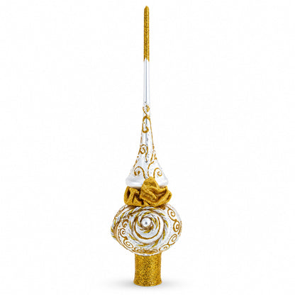 Golden Twisted Rope and Bow on White Glass Christmas Tree Topper 11 Inches
