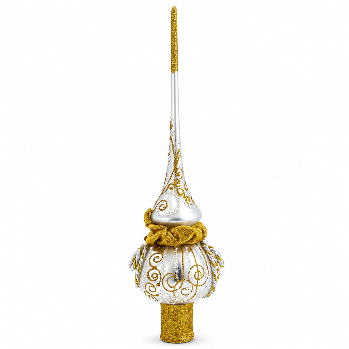Golden Twisted Rope and Bow on White Glass Christmas Tree Topper 11 Inches