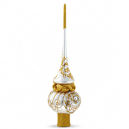 Golden Twisted Rope and Bow on White Glass Christmas Tree Topper 11 Inches