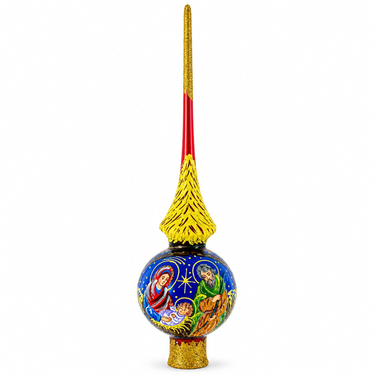 Holy Family on Red Glass Christmas Tree Topper 11 Inches