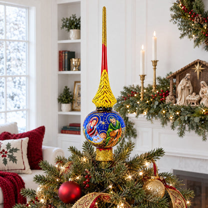 Holy Family on Red Glass Christmas Tree Topper 11 Inches