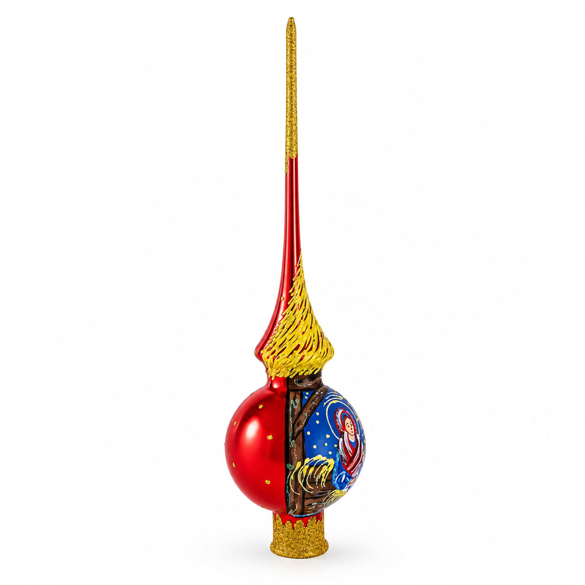 Holy Family on Red Glass Christmas Tree Topper 11 Inches