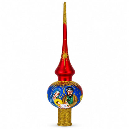 Holy Family Nativity Scene on Red Glass Christmas Tree Topper 11 Inches