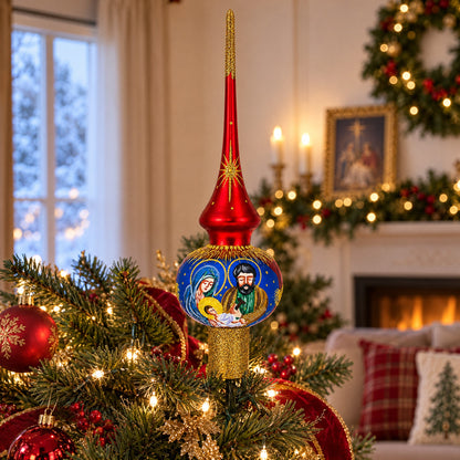 Holy Family Nativity Scene on Red Glass Christmas Tree Topper 11 Inches