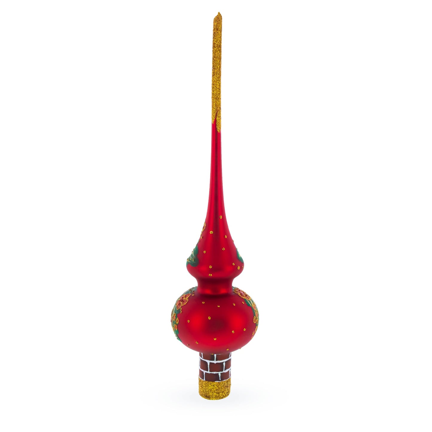 Santa in Chimney & Poinsettia Design Glass Christmas Tree Topper 11 Inches