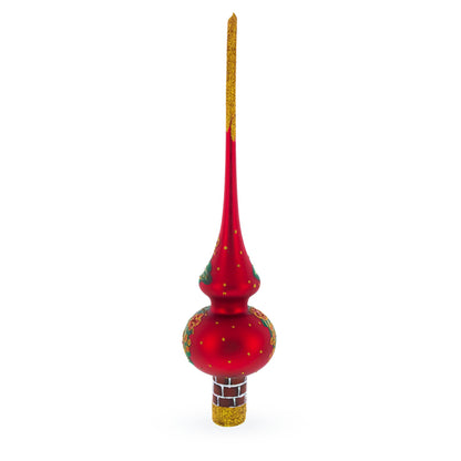 Santa in Chimney & Poinsettia Design Glass Christmas Tree Topper 11 Inches