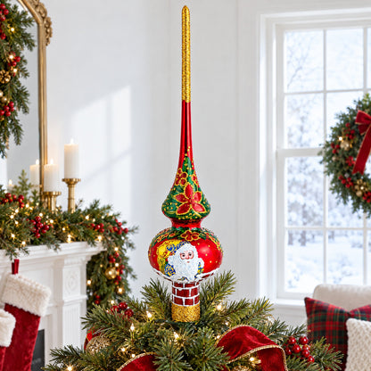 Santa in Chimney & Poinsettia Design Glass Christmas Tree Topper 11 Inches