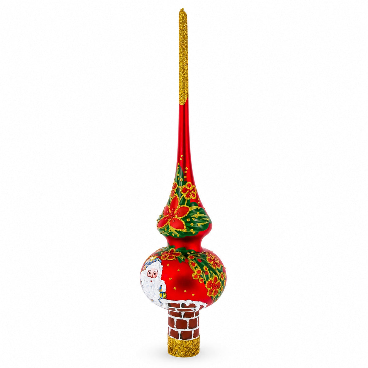 Santa in Chimney & Poinsettia Design Glass Christmas Tree Topper 11 Inches