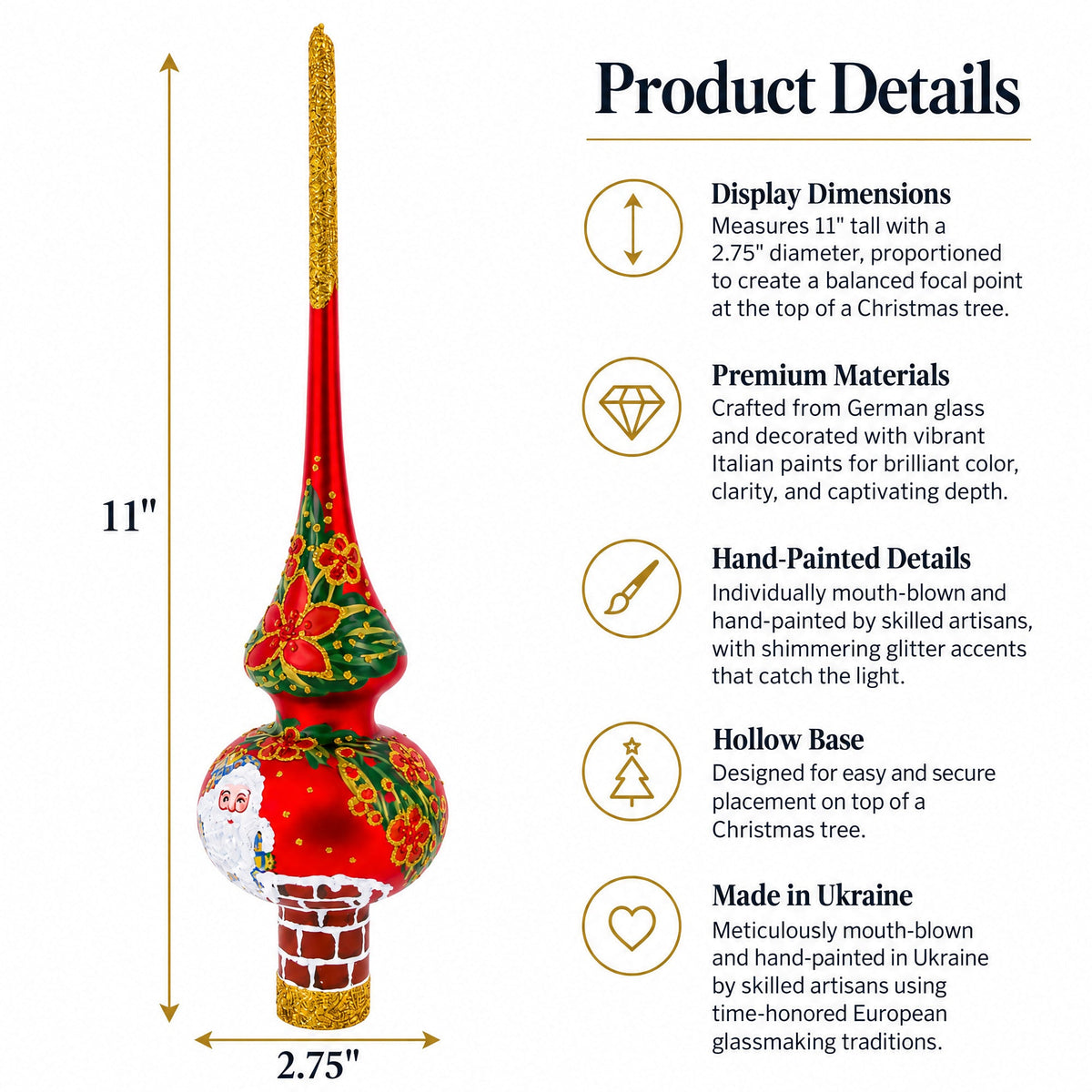 Santa in Chimney & Poinsettia Design Glass Christmas Tree Topper 11 Inches