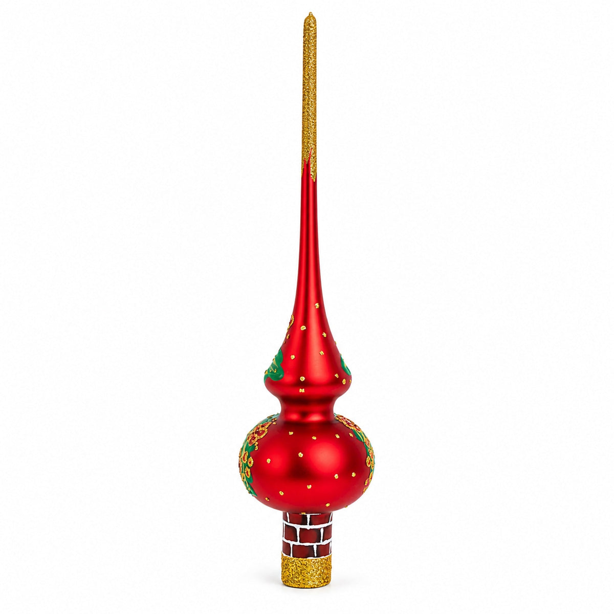 Santa in Chimney & Poinsettia Design Glass Christmas Tree Topper 11 Inches