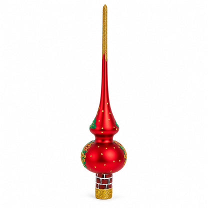 Santa in Chimney & Poinsettia Design Glass Christmas Tree Topper 11 Inches