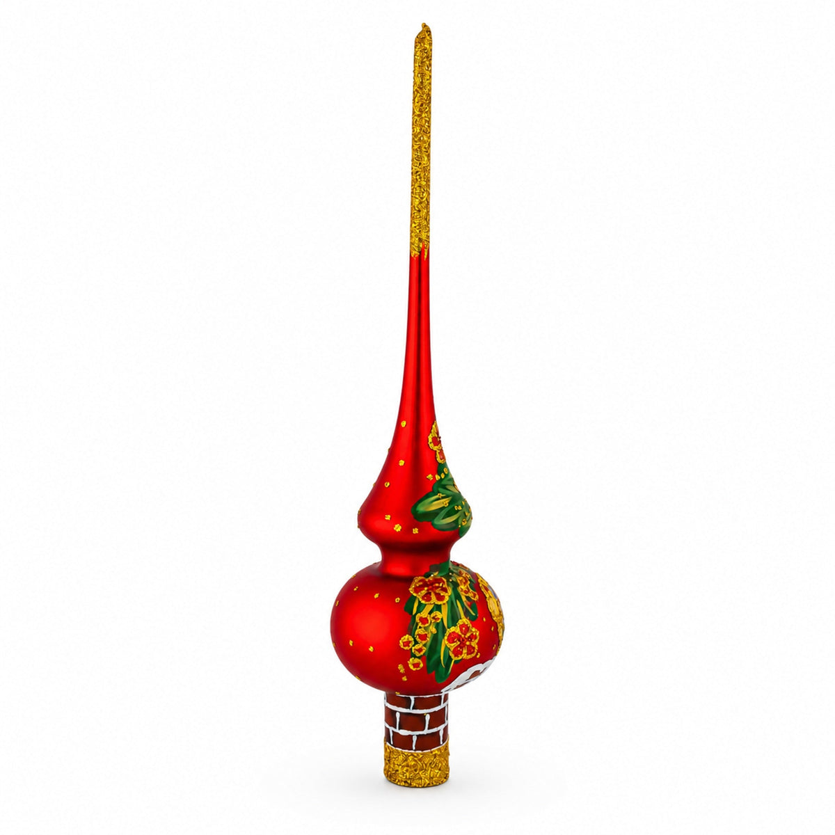 Santa in Chimney & Poinsettia Design Glass Christmas Tree Topper 11 Inches