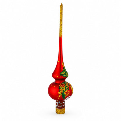 Santa in Chimney & Poinsettia Design Glass Christmas Tree Topper 11 Inches