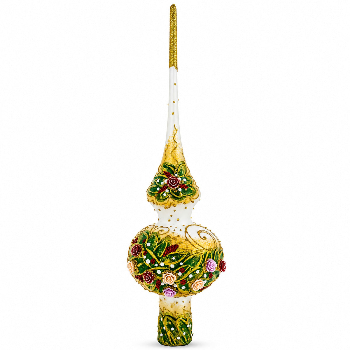 Dimensional Roses Bouquet on White Glass Christmas Tree Topper 11 Inches