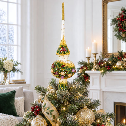 Dimensional Roses Bouquet on White Glass Christmas Tree Topper 11 Inches