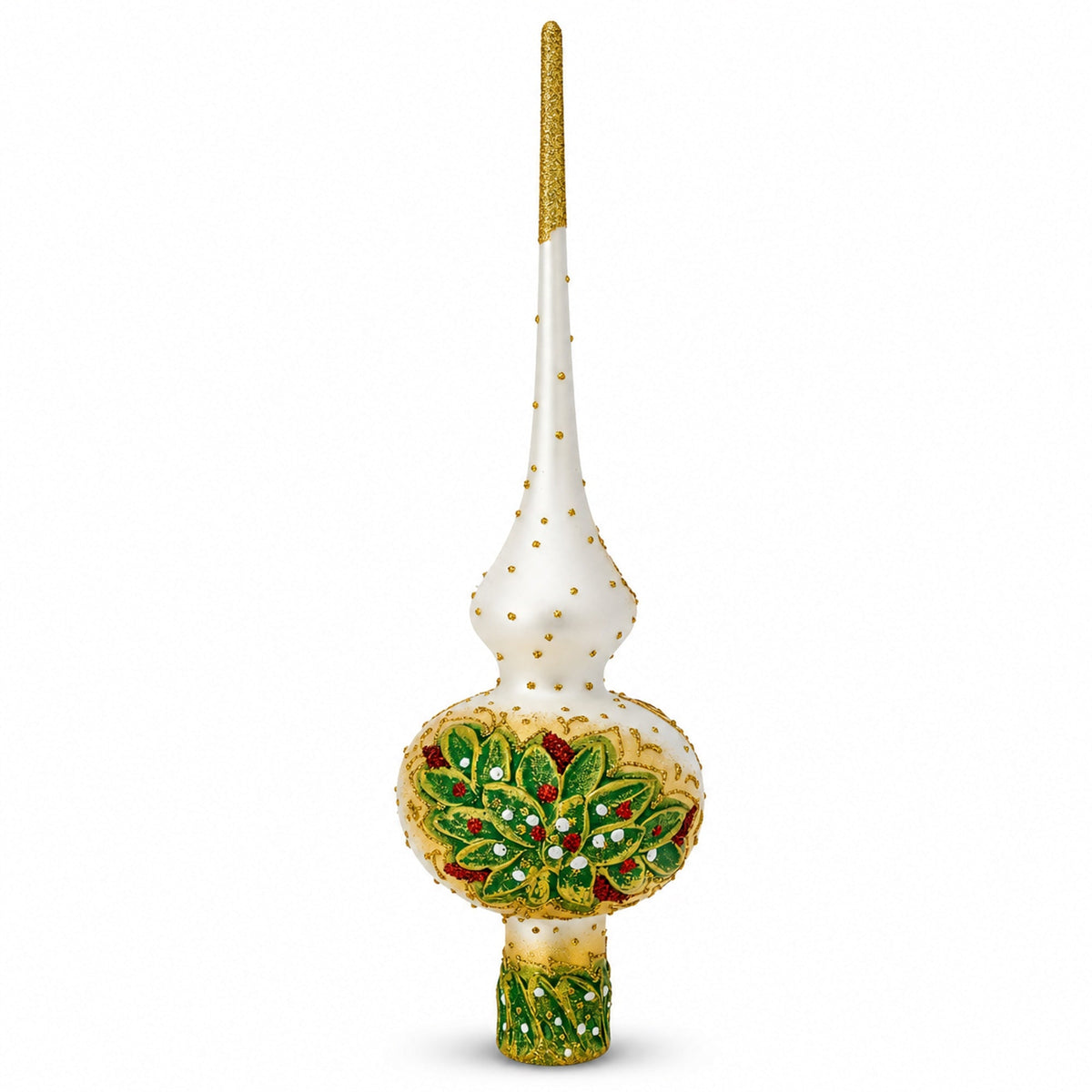 Dimensional Roses Bouquet on White Glass Christmas Tree Topper 11 Inches