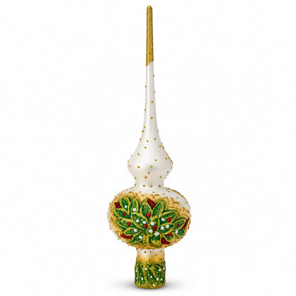 Dimensional Roses Bouquet on White Glass Christmas Tree Topper 11 Inches