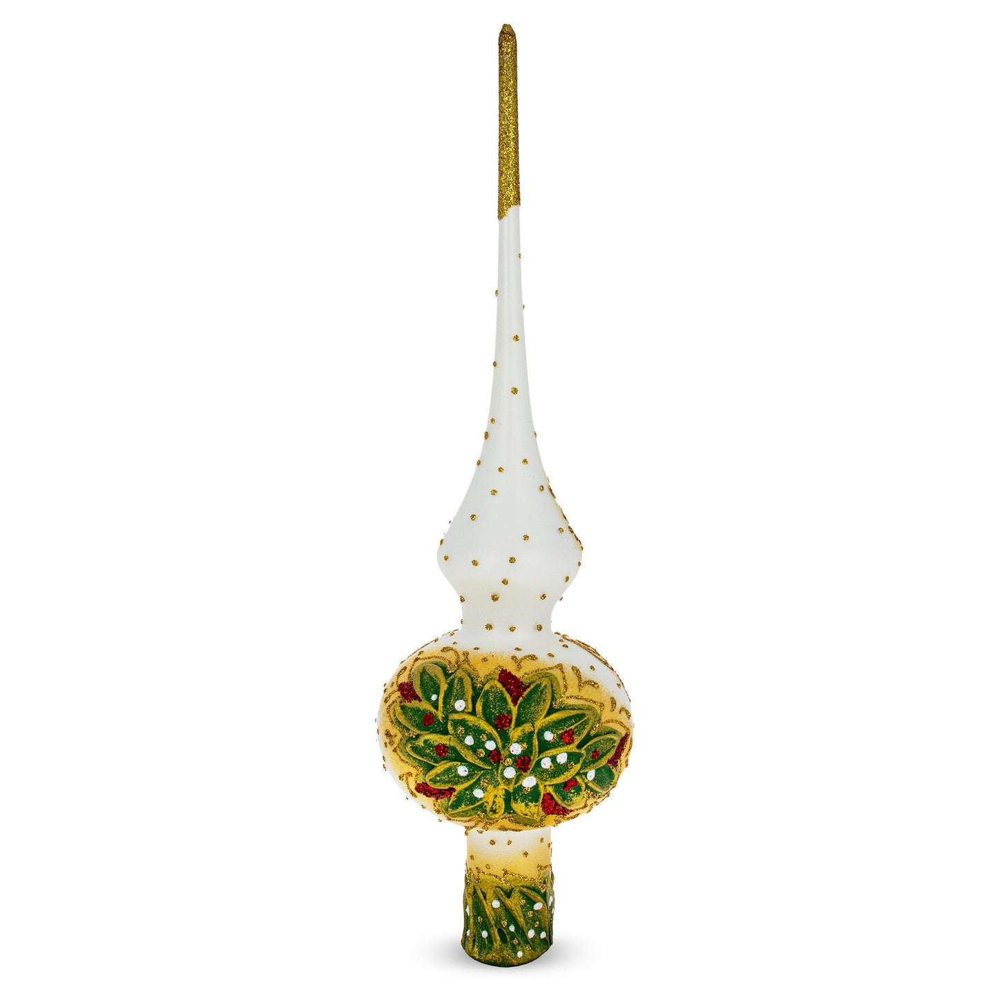 Dimensional Roses Bouquet on White Glass Christmas Tree Topper 11 Inches