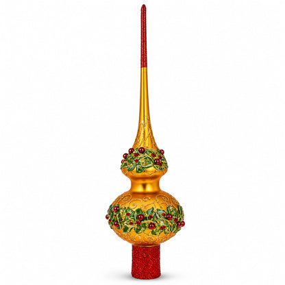 Poinsettia Flowers with Pearls  Gold Glass Christmas Tree Topper 11 Inches