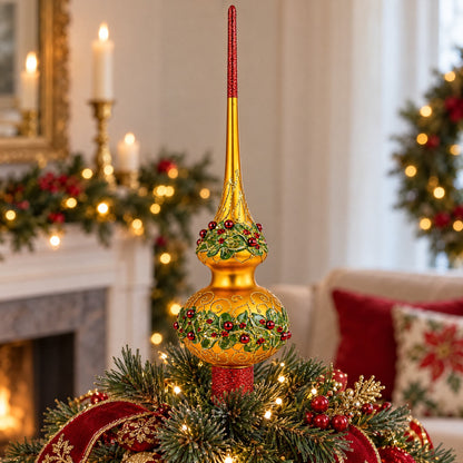 Poinsettia Flowers with Pearls  Gold Glass Christmas Tree Topper 11 Inches