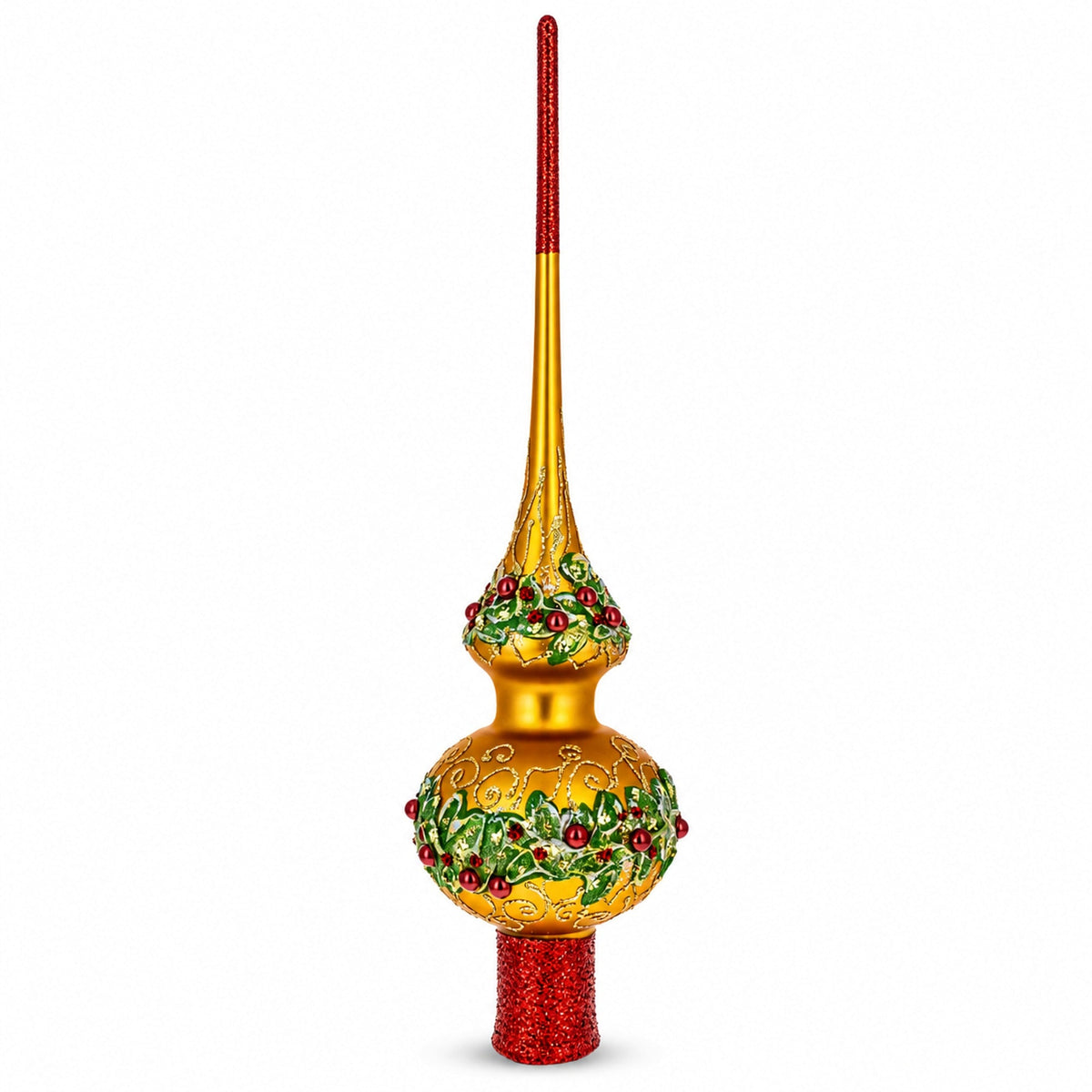 Poinsettia Flowers with Pearls  Gold Glass Christmas Tree Topper 11 Inches
