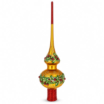 Poinsettia Flowers with Pearls  Gold Glass Christmas Tree Topper 11 Inches