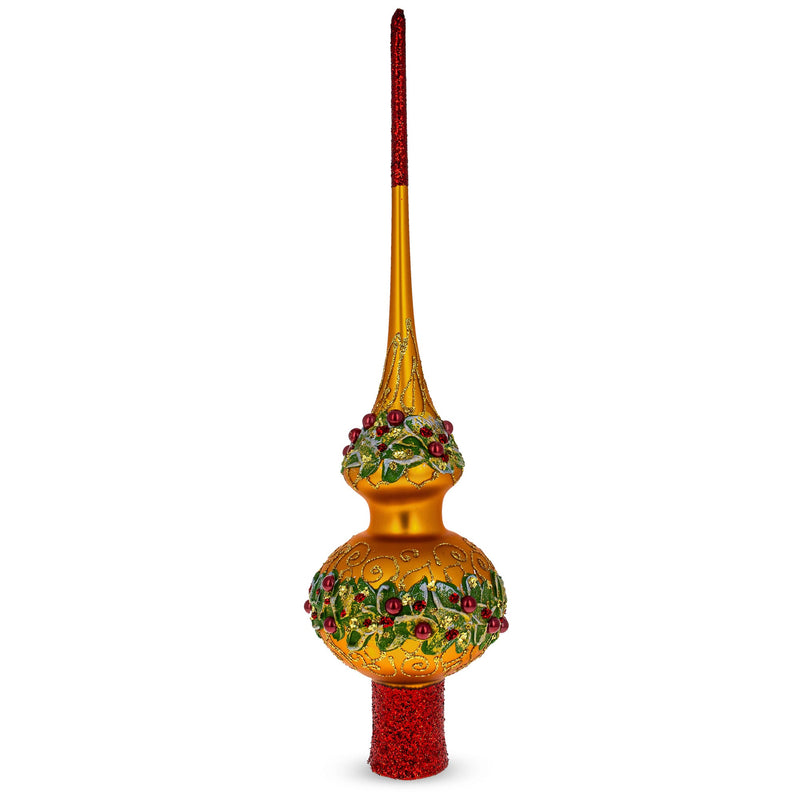 Poinsettia Flowers with Pearls  Gold Glass Christmas Tree Topper 11 Inches