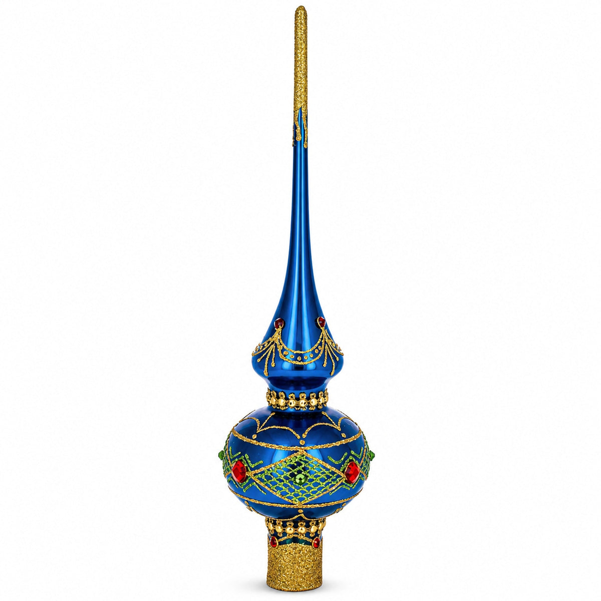 Blue and Gold with Ornate Glitter Geometrical Glass Christmas Tree Topper 11 Inches