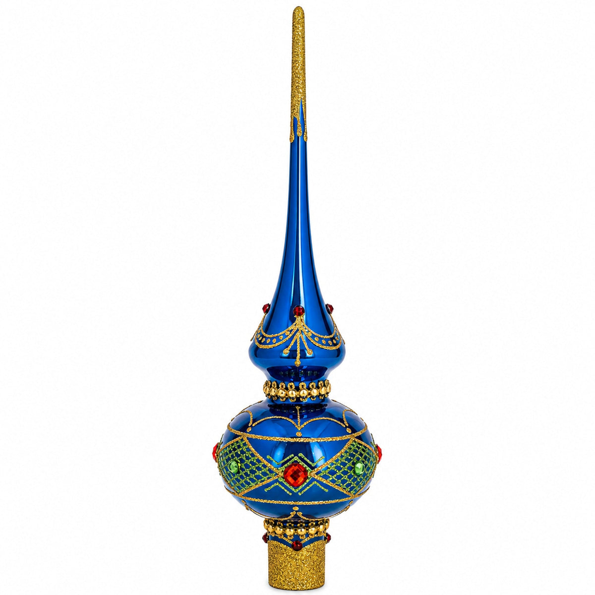Blue and Gold with Ornate Glitter Geometrical Glass Christmas Tree Topper 11 Inches