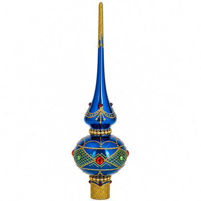Blue and Gold with Ornate Glitter Geometrical Glass Christmas Tree Topper 11 Inches