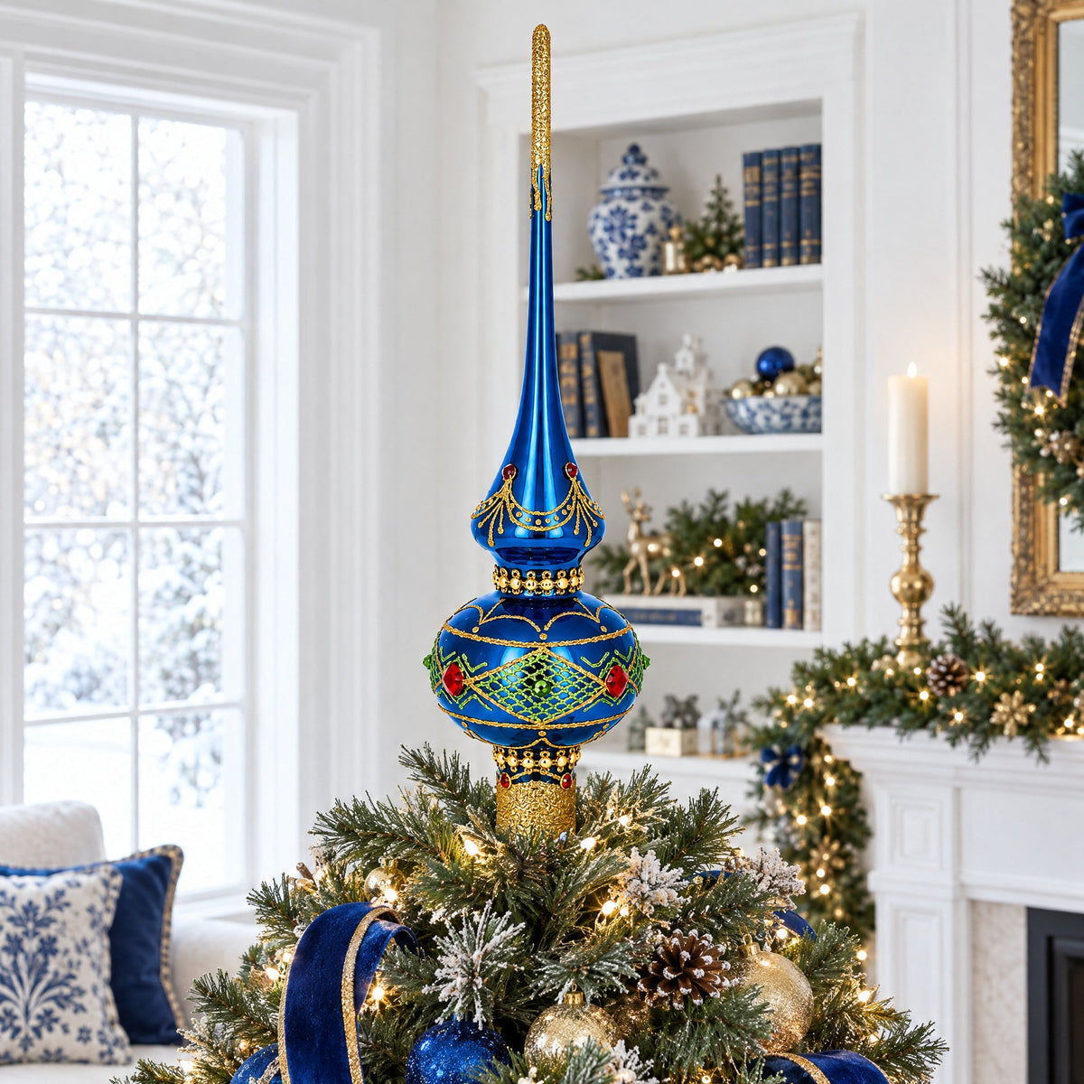 Blue and Gold with Ornate Glitter Geometrical Glass Christmas Tree Topper 11 Inches