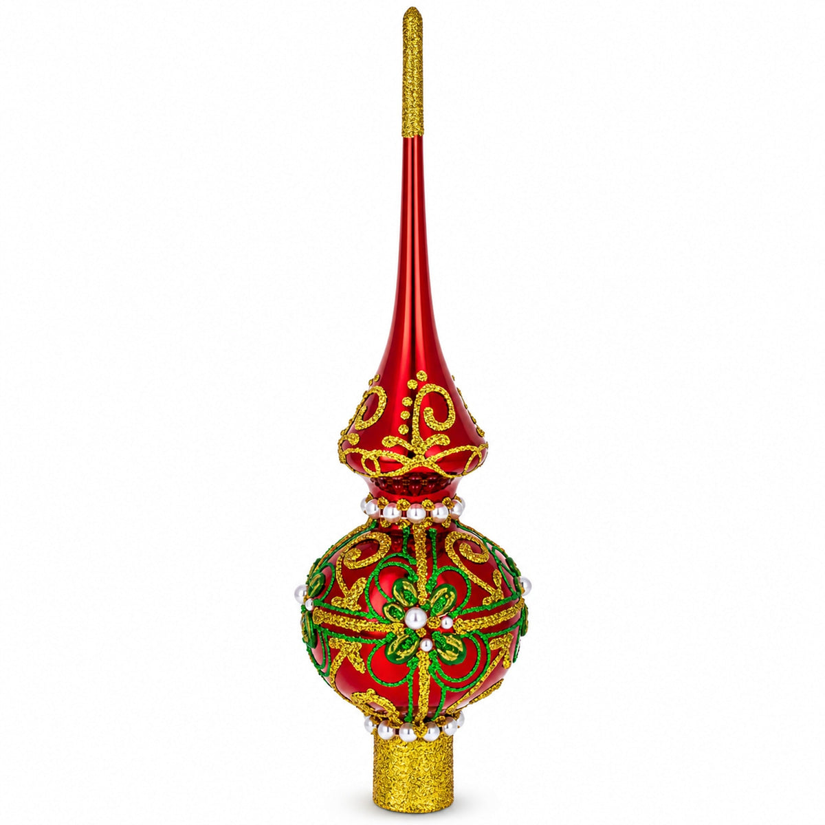 Green & Gold Glitter with Pearls Glossy Red Glass Christmas Tree Topper 11 Inches