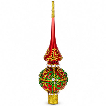 Green & Gold Glitter with Pearls Glossy Red Glass Christmas Tree Topper 11 Inches