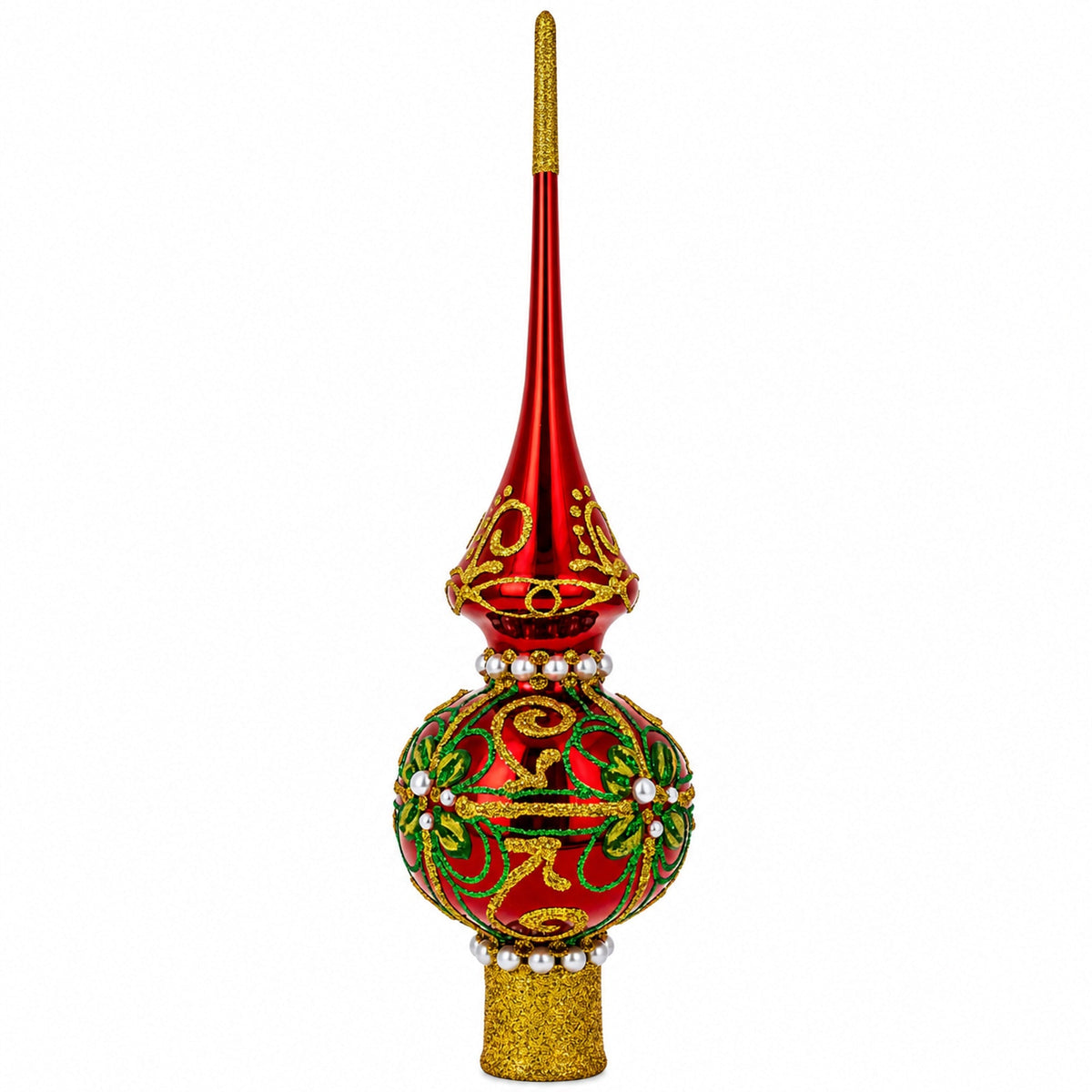 Green & Gold Glitter with Pearls Glossy Red Glass Christmas Tree Topper 11 Inches