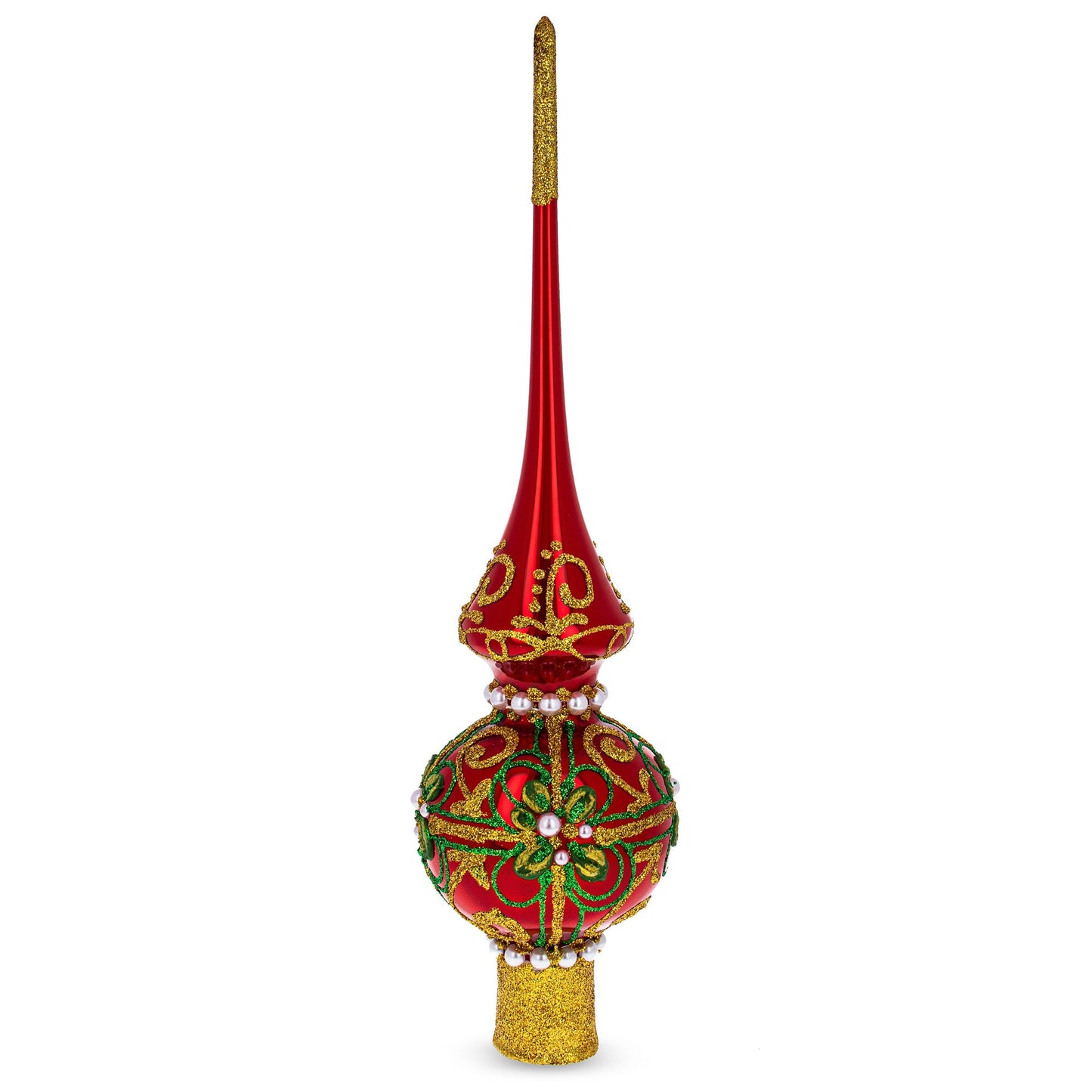Green & Gold Glitter with Pearls Glossy Red Glass Christmas Tree Topper 11 Inches