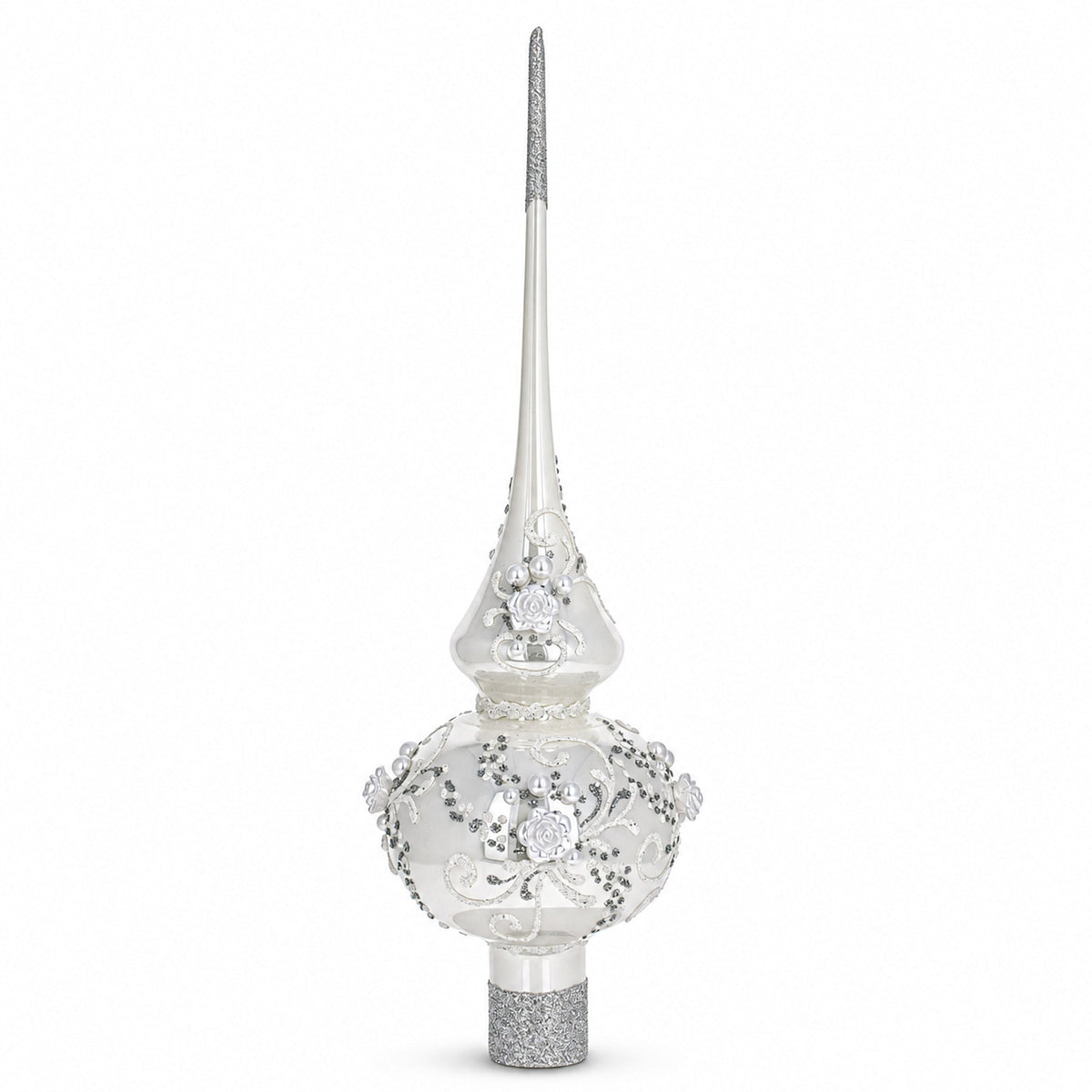 White Roses and Pearls on Glossy White Glass Christmas Tree Topper 11 Inches