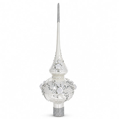 White Roses and Pearls on Glossy White Glass Christmas Tree Topper 11 Inches