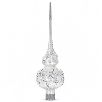 White Roses and Pearls on Glossy White Glass Christmas Tree Topper 11 Inches